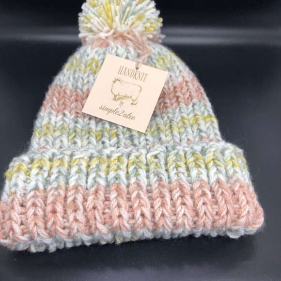 CHUNKY Ribbed Double Strand Hand Knit Marble Roll Cuff Pom Beanie Hat main image 8